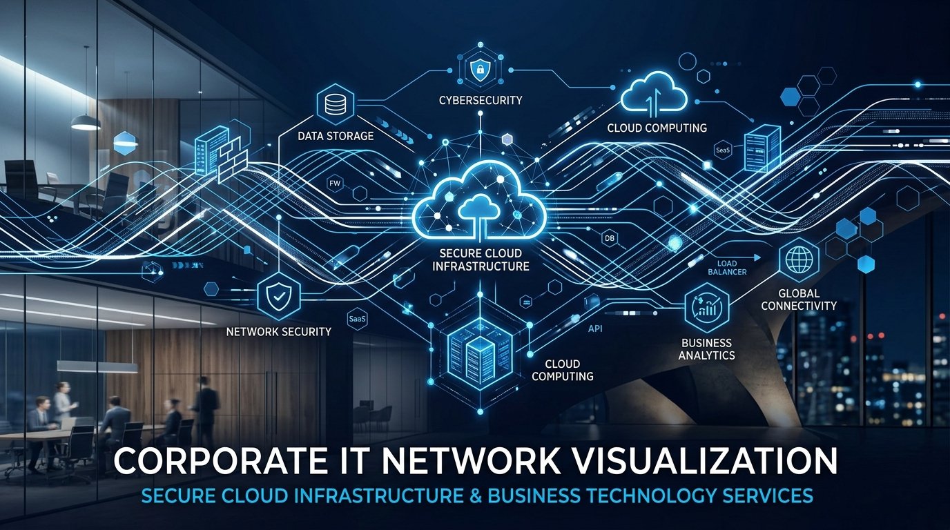 Abstract high-tech server networks and secure digital connection pathways representing business IT infrastructure
